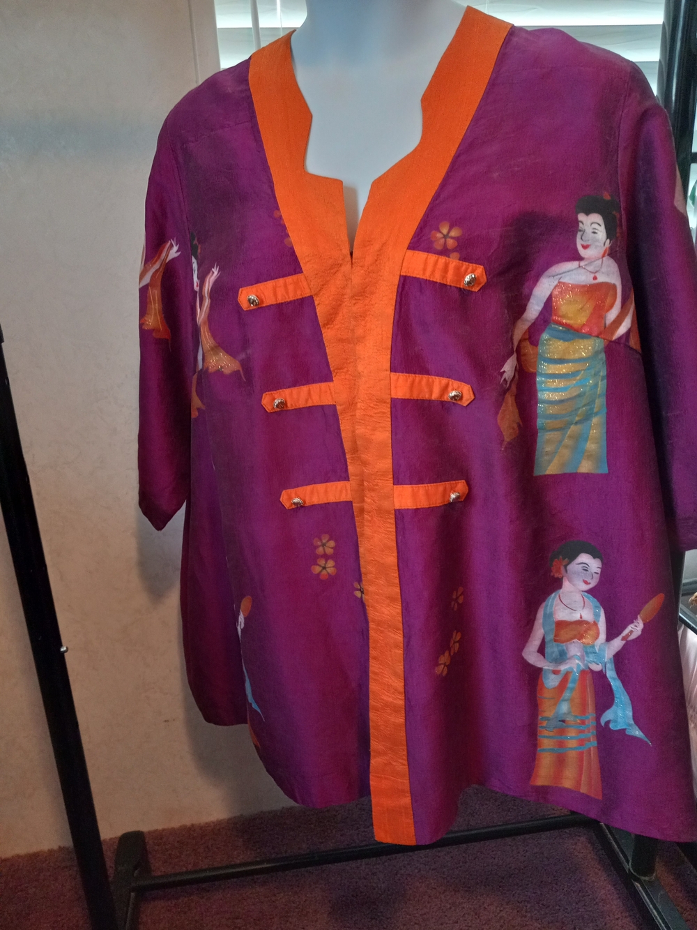 Thailand Custom Made Thai Silk Top Purple  with Orange Hand Painted  2x Unisex